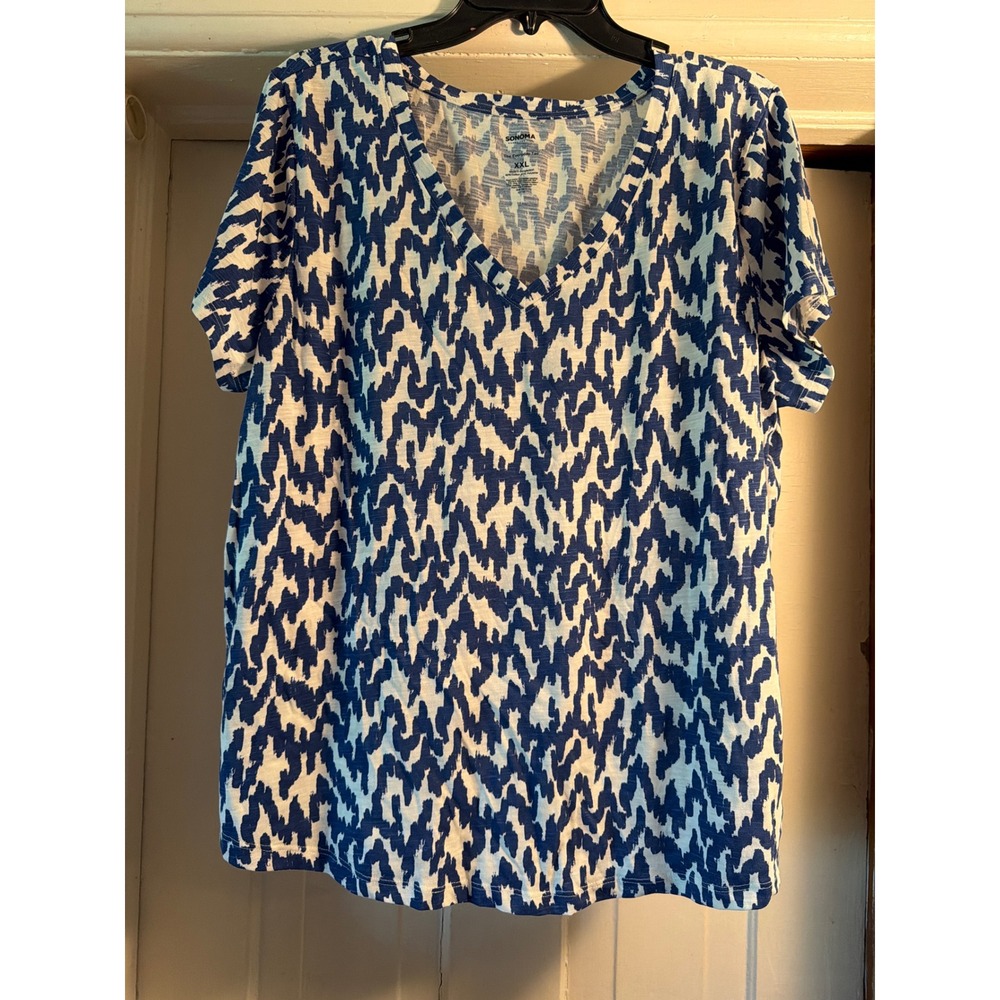 Sonoma Goods For Life Womens XXL Blue White Abstract Ikat V-Neck Everyday Tee